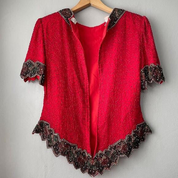 Laurence Kazar Size L XL Red Black Silk Bow Beaded Top Maximalist Dopamine - Picture 7 of 9